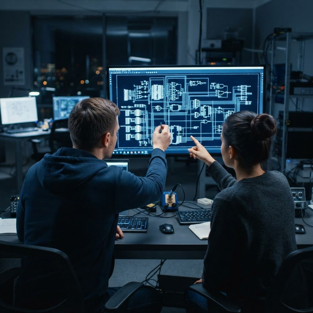 Two engineers reviewing a circuit schematic on a large monitor