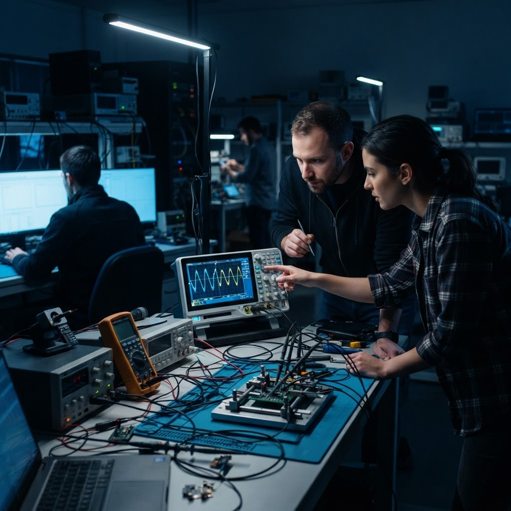 Engineers reviewing oscilloscope waveforms in a validation laboratory